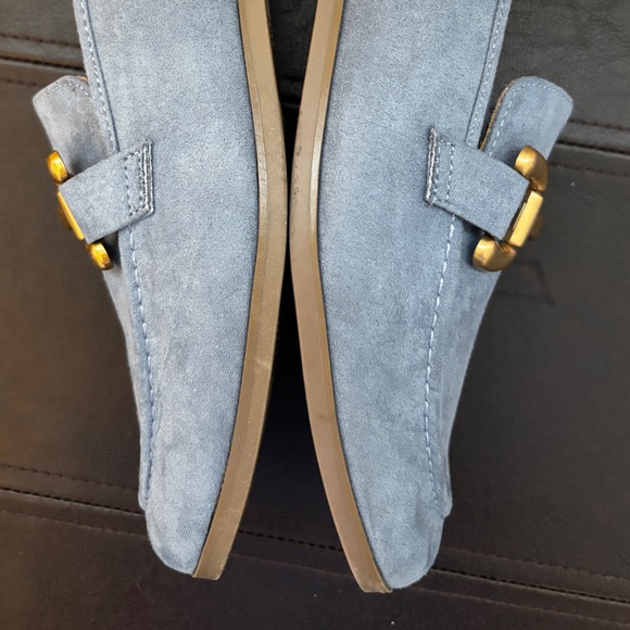 Blue Faux Suede Loafer with Gold Buckle, Flat Slip On Work Shoes, Size 7 - Picture 4 of 11